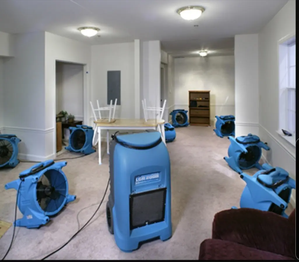 Air movers and dehumidifier setup for Water Extraction & Removal in Huntington